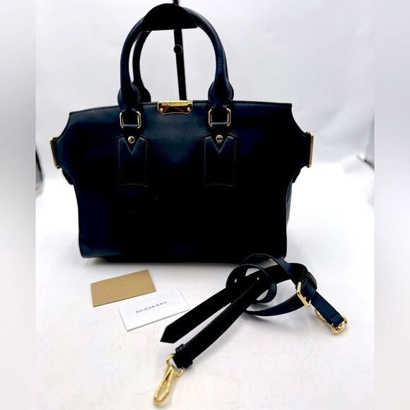 Auth Burberry Black Matte Leather Clifton Convertible 2way Handbag Purse - Picture 5 of 16